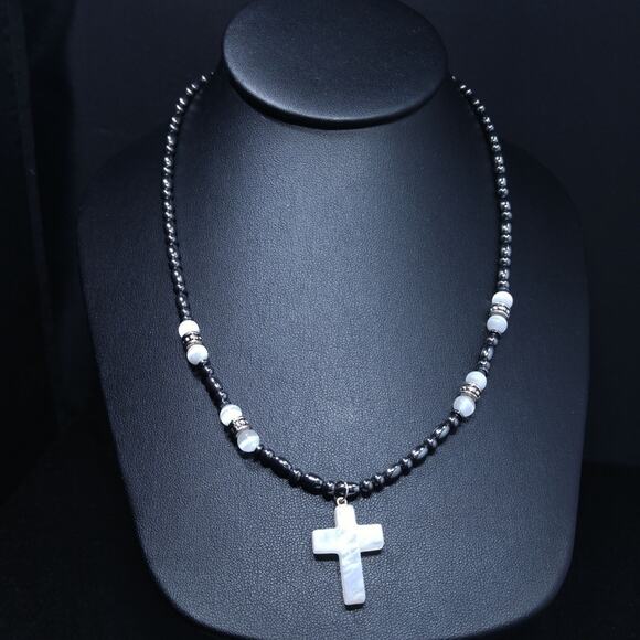 Cross Beaded Necklace, Gemstone Beads Cross, 19 Inches, Magnetic Clasp - Picture 8 of 8